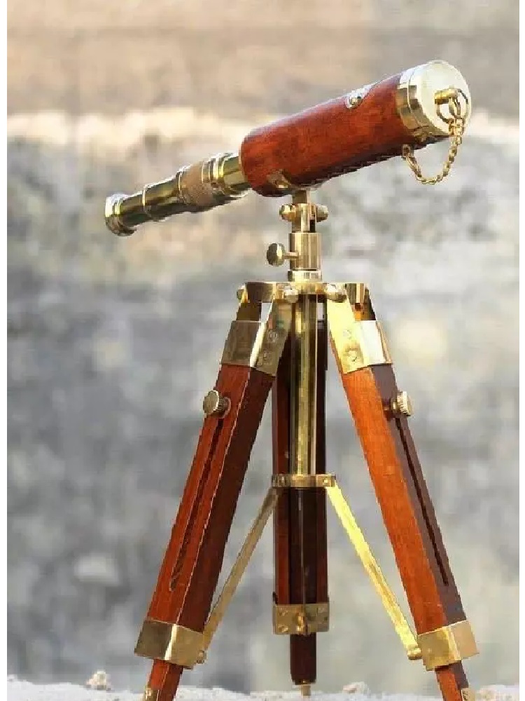 AntiquesVintage Style Antique Brass Leather Telescope Nautical with Stand Wooden Tripod (Golden) Tele