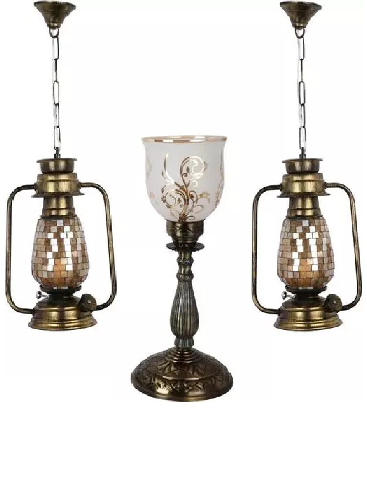 Combo Antique & Designer 2 Hanging Lantern Lamps & 1 Table Lamp With Decorative Colorful Glass A Comp