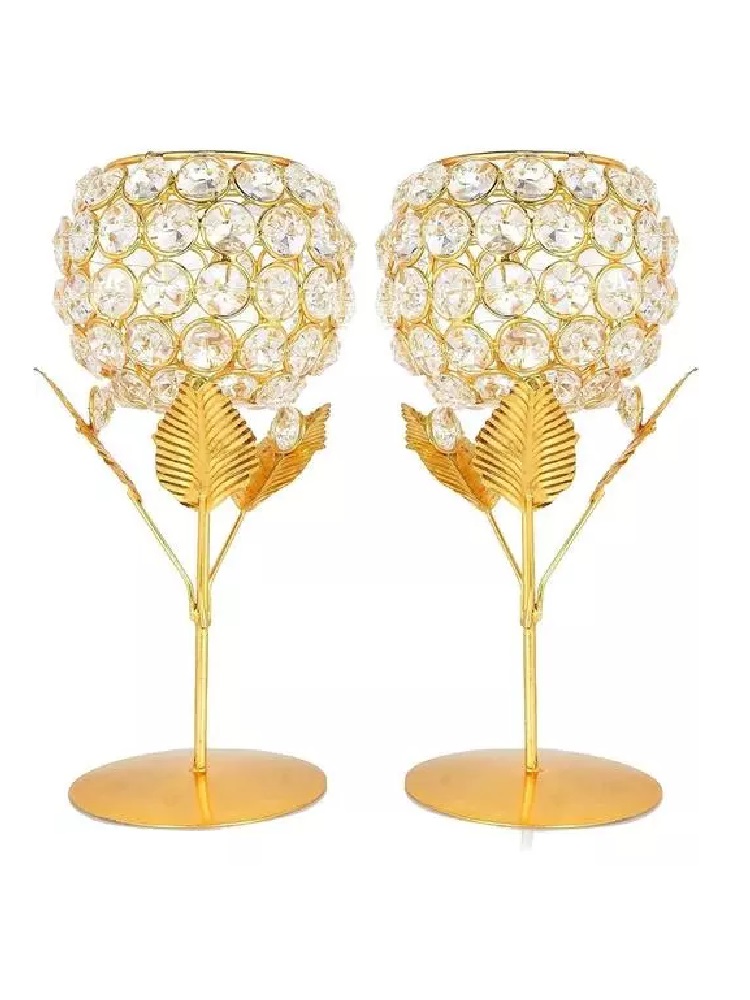 Crystal Diamond Stone Metal Candle Holder Pack Of 2 Gold plated Diwali Deepawali Decorative Item On A