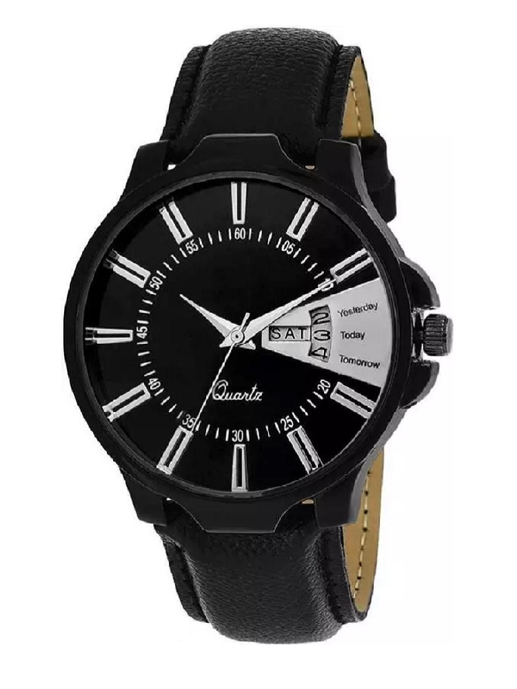 ANDHAK Black Brown strap Date Day and Time Leather Strap Analog wrist watch for men for boys Pack of
