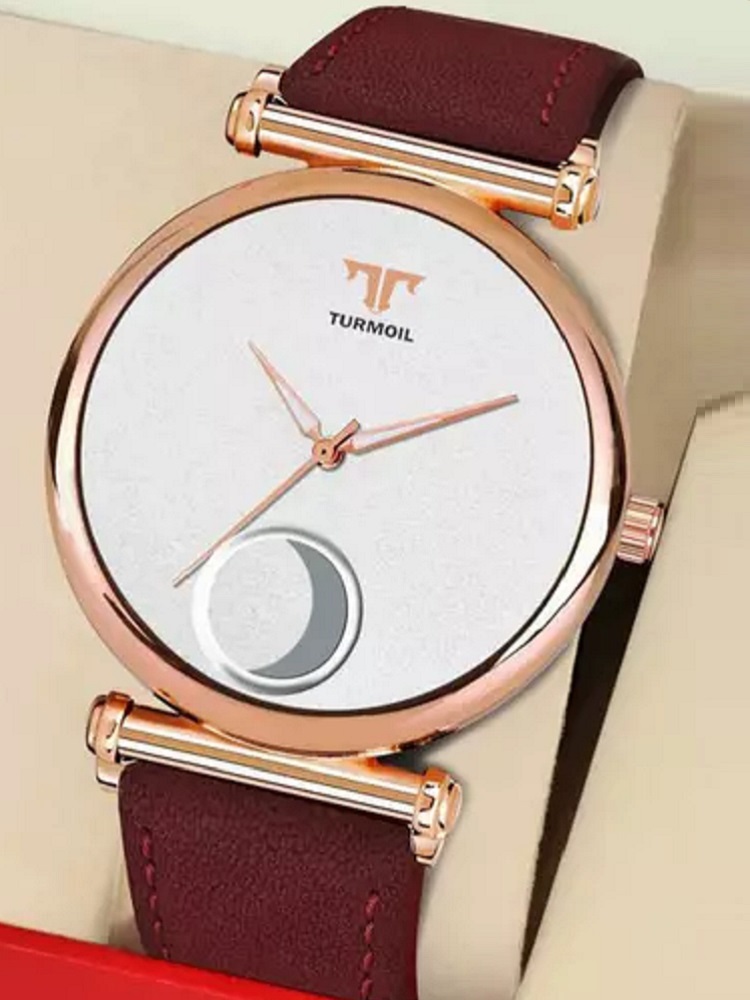 R-101-Maroon White Leather Strap Moon Designed Mens
