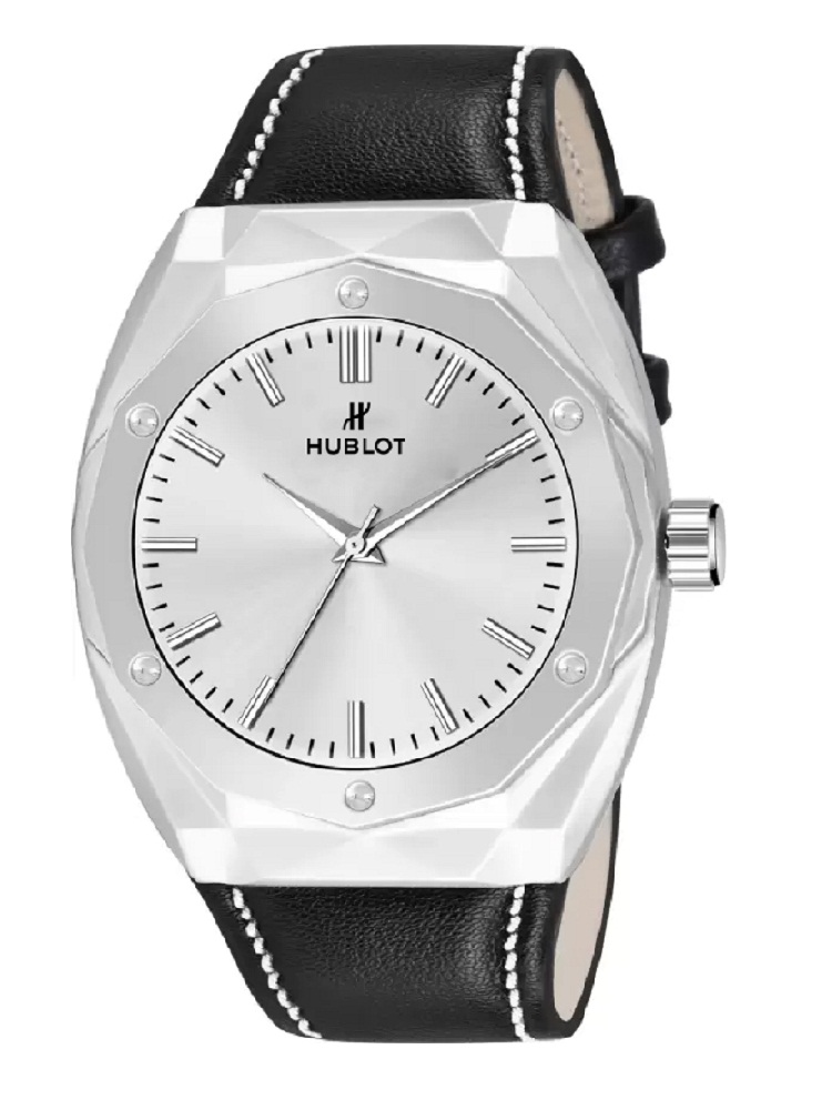ANDHAK hublot Series of Luxury Style 3D Cut Dial Leather Strap Quartz Analog Watch SILVER